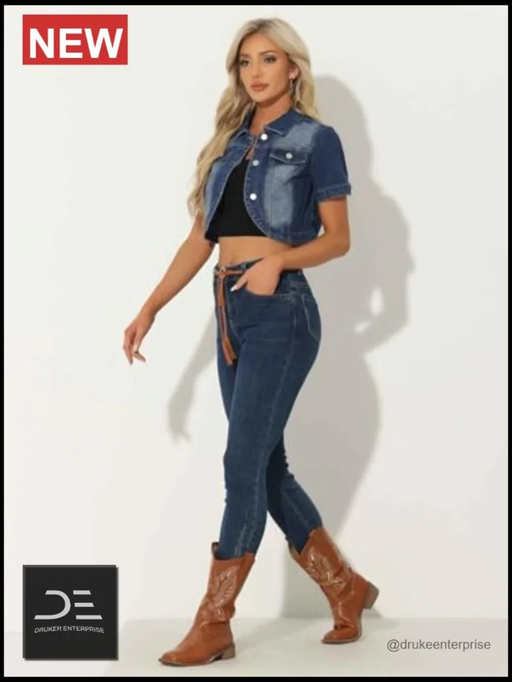 Crop Denim Jacket with Turndown Collar Short Sleeves